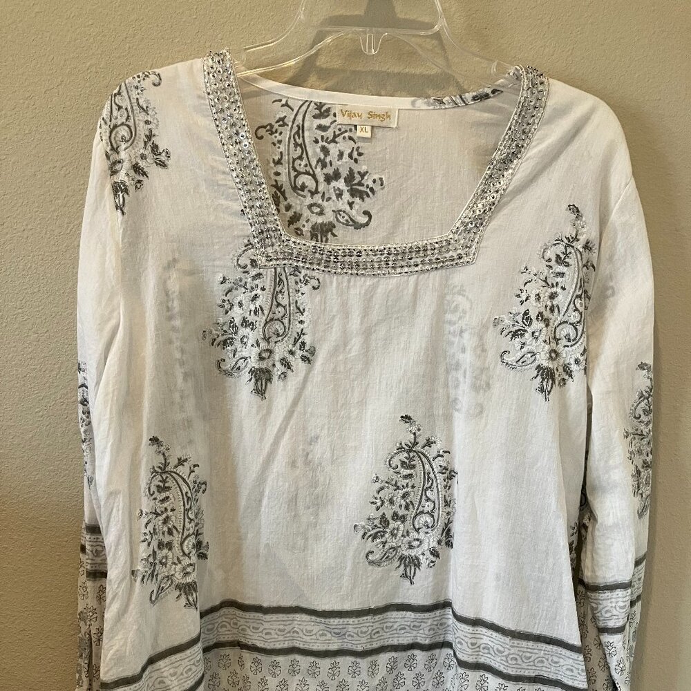 Vijay Singh Boho White Cotton Block Print Sequin Tunic - XL
